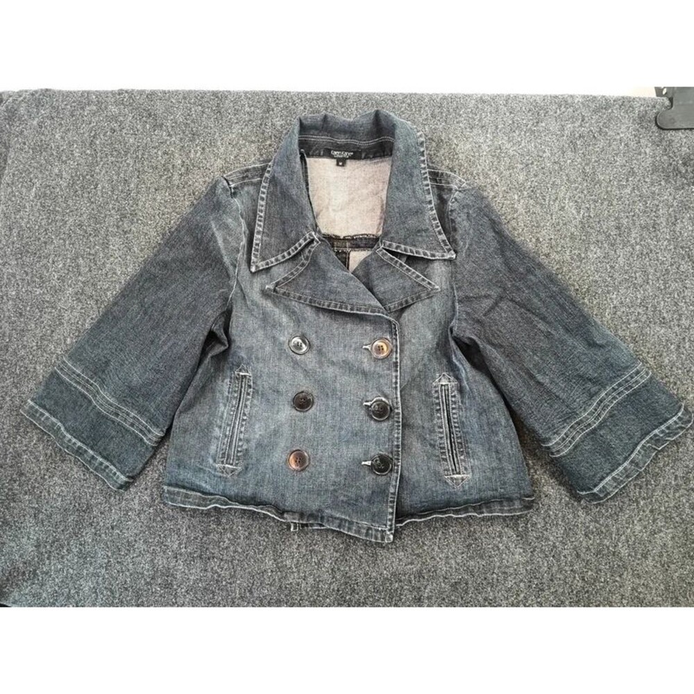Karen Kane Lifestyle Womens M Denim Double Breasted Jacket 3/4 Sleeve
